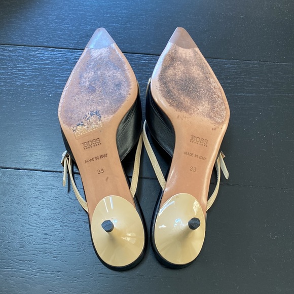 BOSS Hugo Boss EU39 Heels. Black Made in Italy Slides with Tan Straps. - Picture 5 of 9